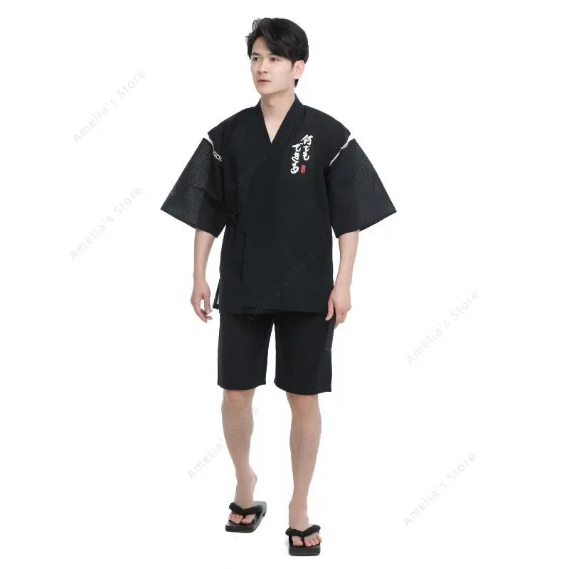 Men's Japanese Jinbei Kimono 2-PCS Set Summer Short Sleeve Yukata Robe Printed Homewear Lounge Wear Pajamas Japan Outfit