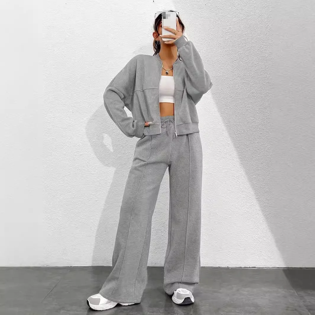

Trendy Women's Sets Solid Color Long Sleeve Zipper Opening 2024 Autumn Pocket Casual Commute Two-piece Personality Cotton Outfit