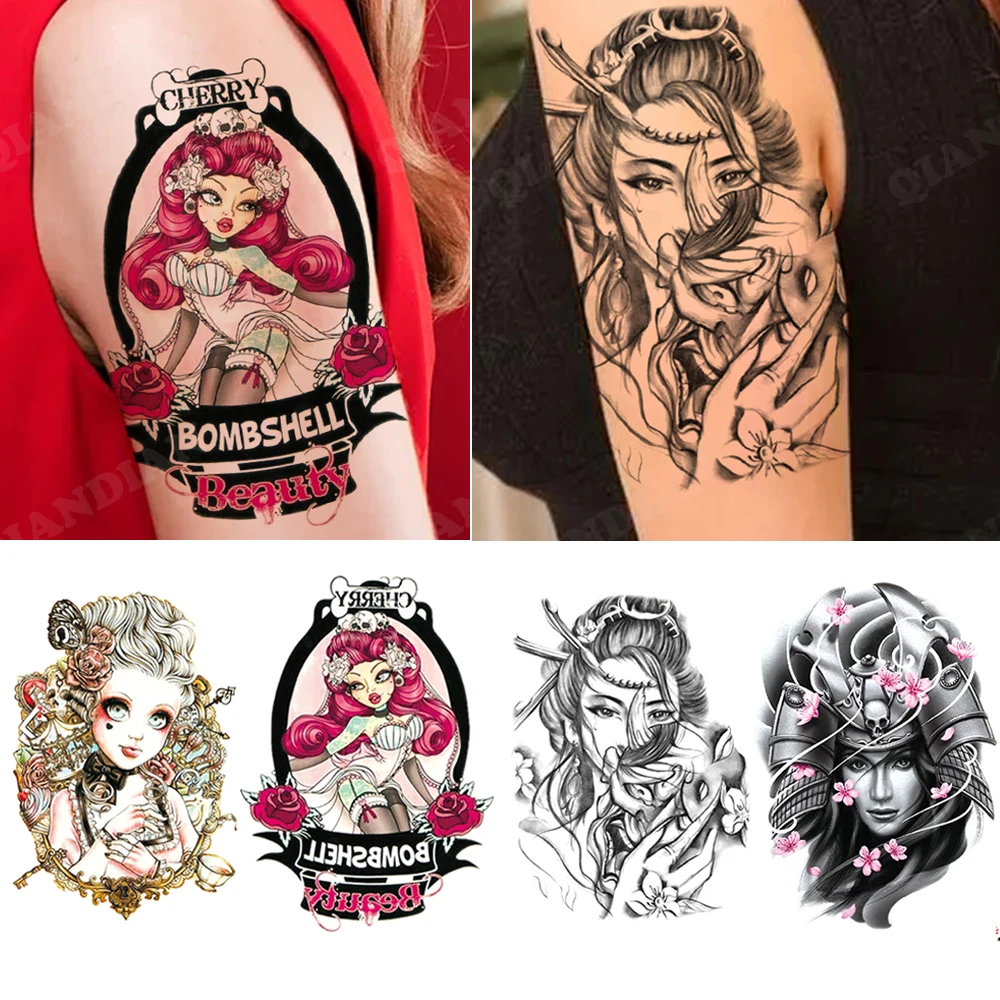 Large Geisha Girl Waterproof Temporary Tattoos Sticker Colorful