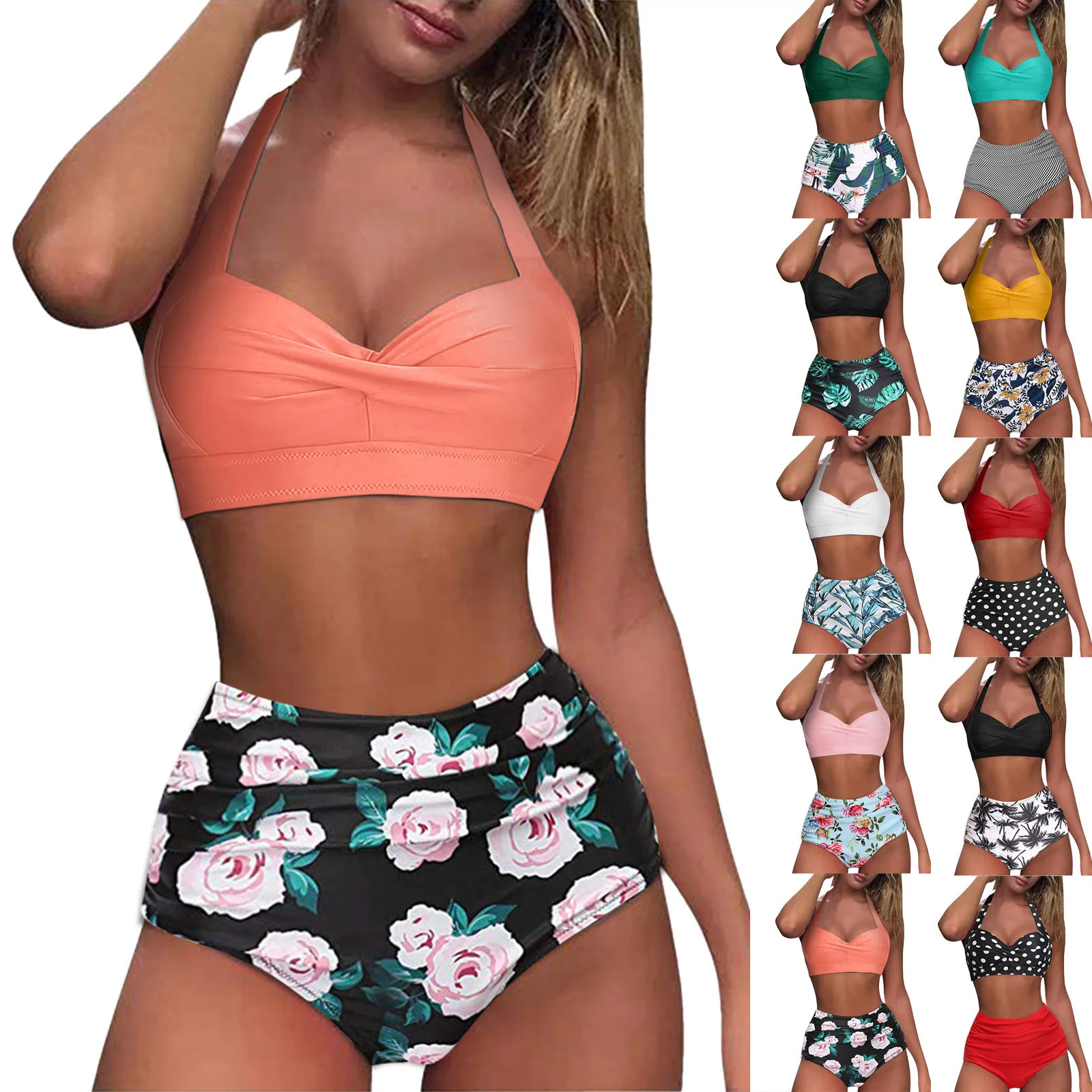 High Waisted Bikini Floral Print Summer Beach Halter Swimwear Women Fashion Two Piece Bathing Suit Vacation Wear Swimming T1