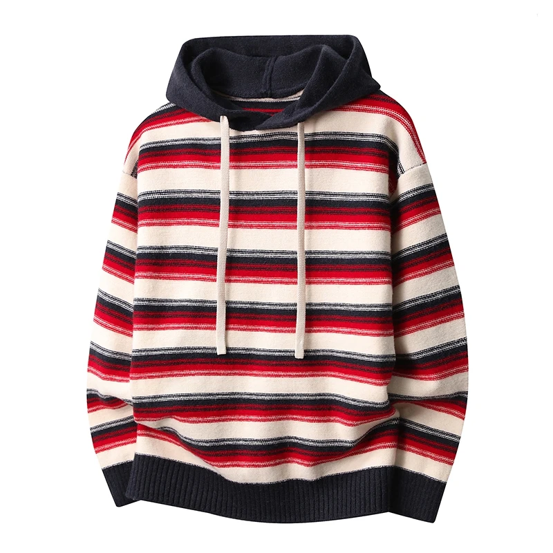 

Высококачественный мужской вязаный свитер-худи в полоску, повседневный, свободный крой, удобный, дышащий, для осени и зимы