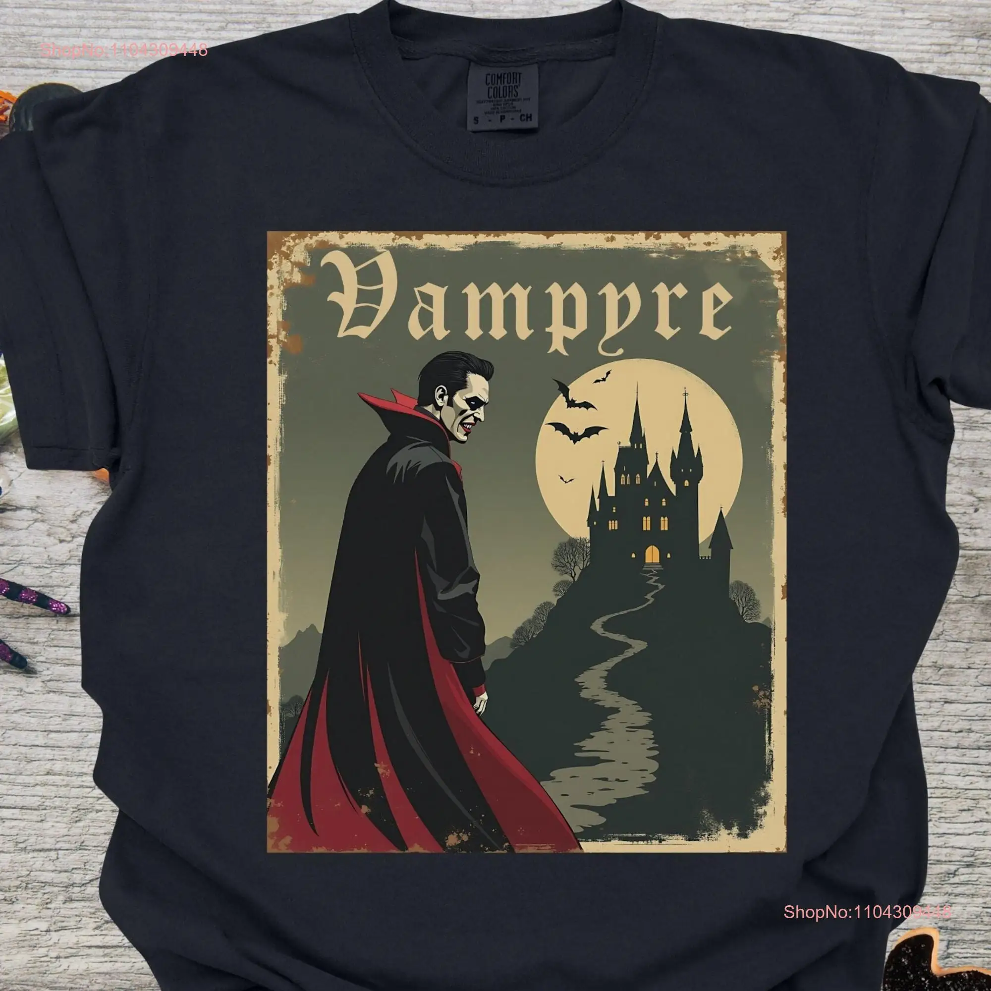 Vintage Vampyre Castle Halloween T Shirt Classic Gothic Vampire Design with Moonlit Bats Retro Horror Aesthetic