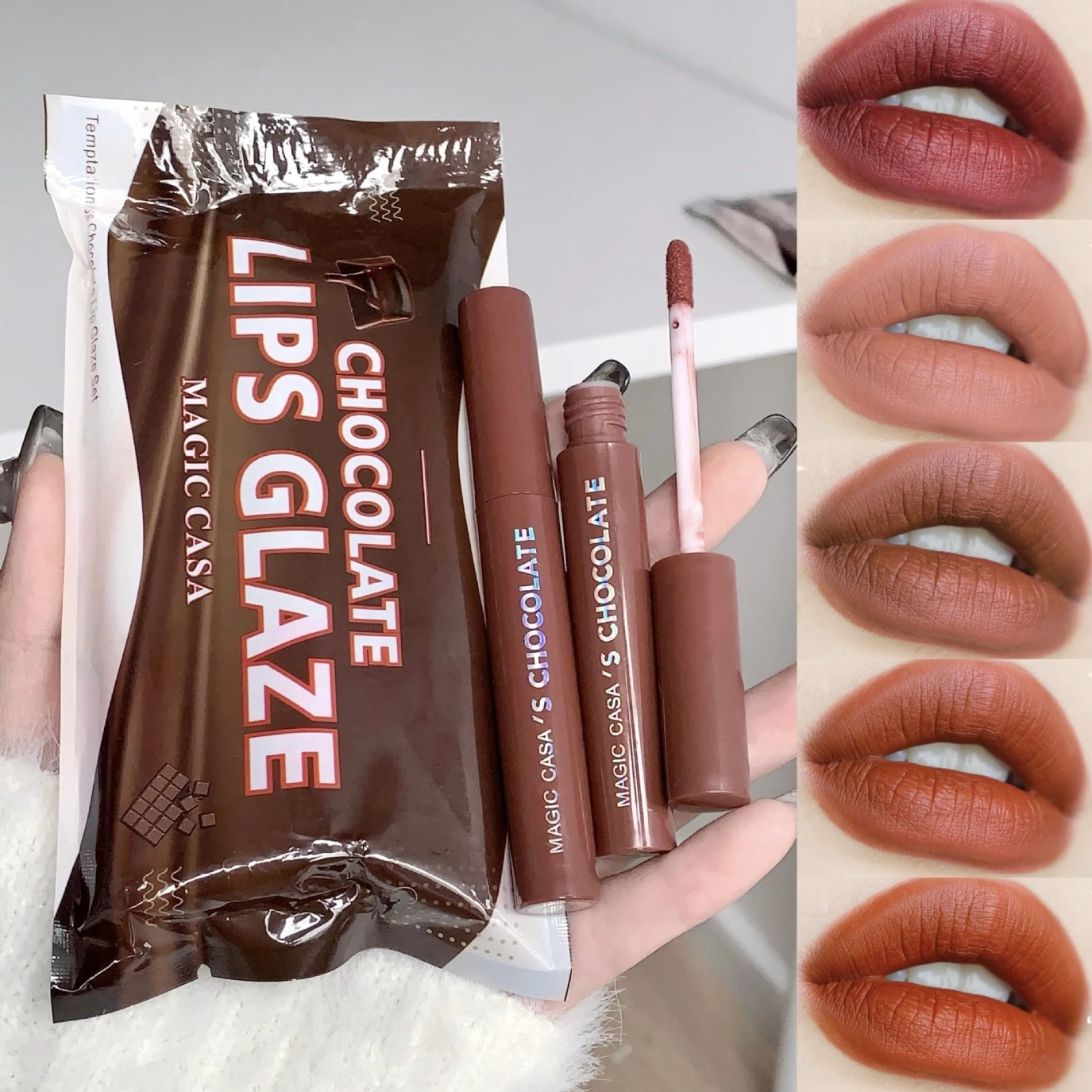 Zestaw czekoladowych błyszczyków do ust Velvet Matte Lipstick Długotrwała, bogata kremowa pomadka do ust Milk Coffee Lip Color Makeup Liquid Lip Gloss Set