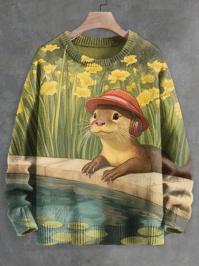 Fashion 2025 Japanese Vintage Sweater Funny Cat Otter Graphic