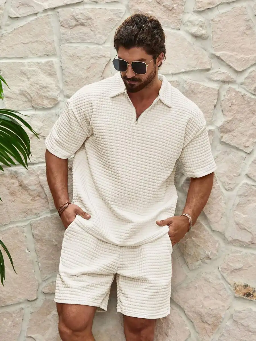 

Men's Textured Short Sleeve Zip-Neck Polo Shirt and Shorts 2-Piece Set, Cream Color Casual Outfit