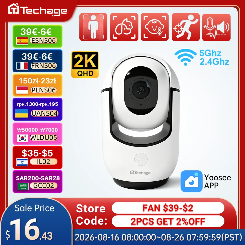 Techage 3MP WLAN-IP-Kamera Drahtloser Babymonitor Intelligente KI-Tränen-/Haustiererkennung Innen-Sicherheitskamera 2-Wege-Audio-Überwachung TF Cloud