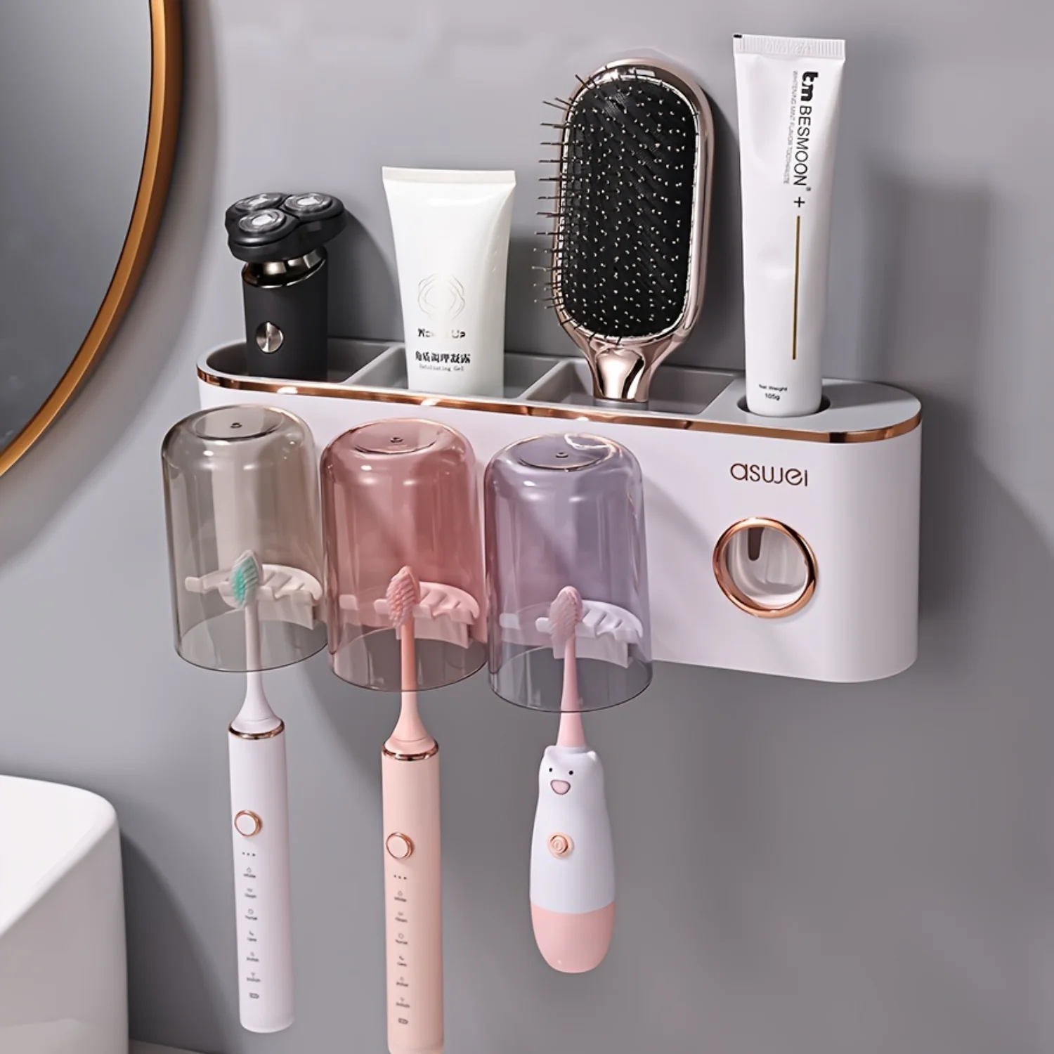 Wall Mounted Toothbrush Holder with Cup - Punch-Free, Space-Saving  Rack for Bathroom Organization, Holds Toothpaste & Toothbrus