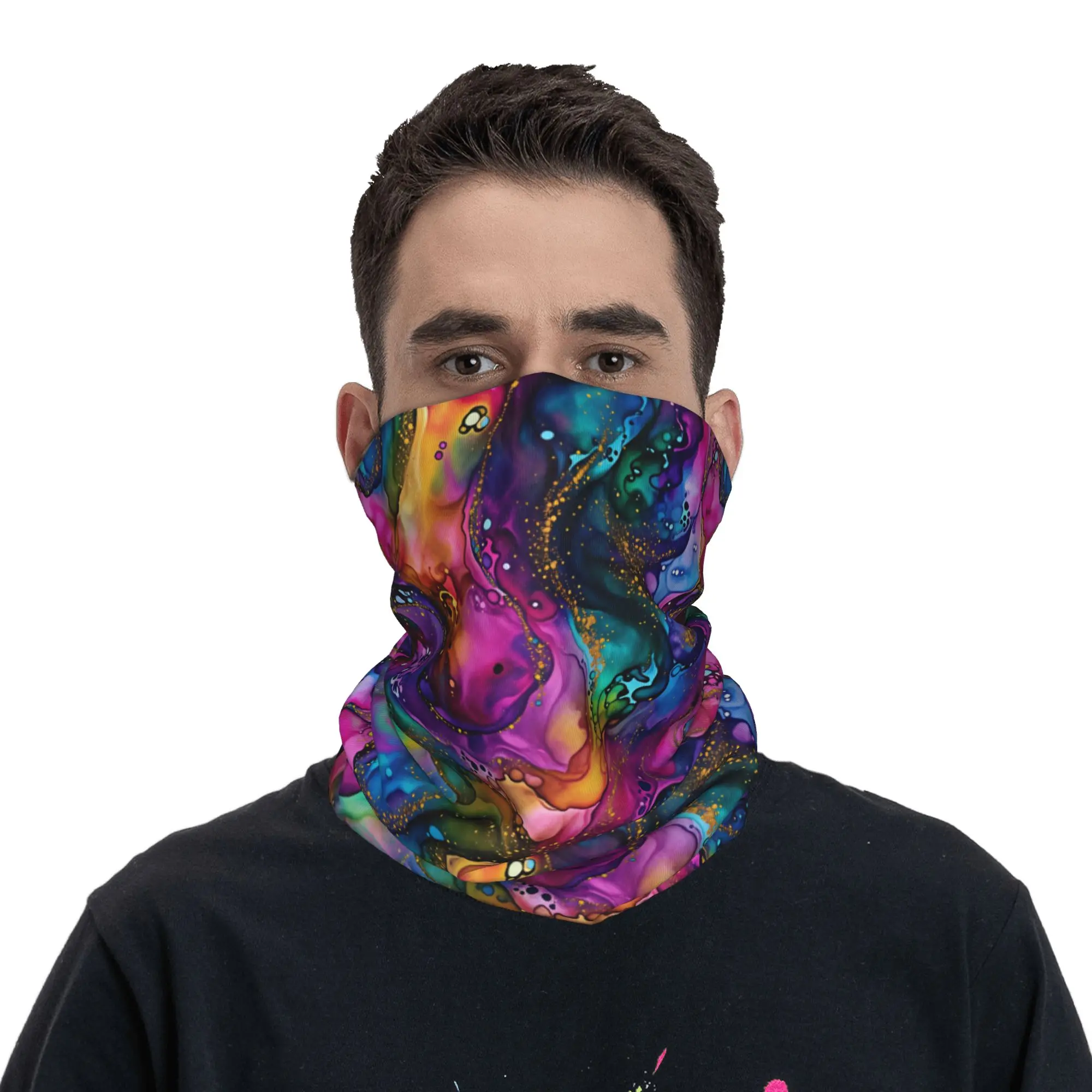 

Alcohol Ink Marble Pattern with Gold Flecks Bandana Neck Gaiter Windproof Face Scarf Cover Men Women Headband Tube Balaclava