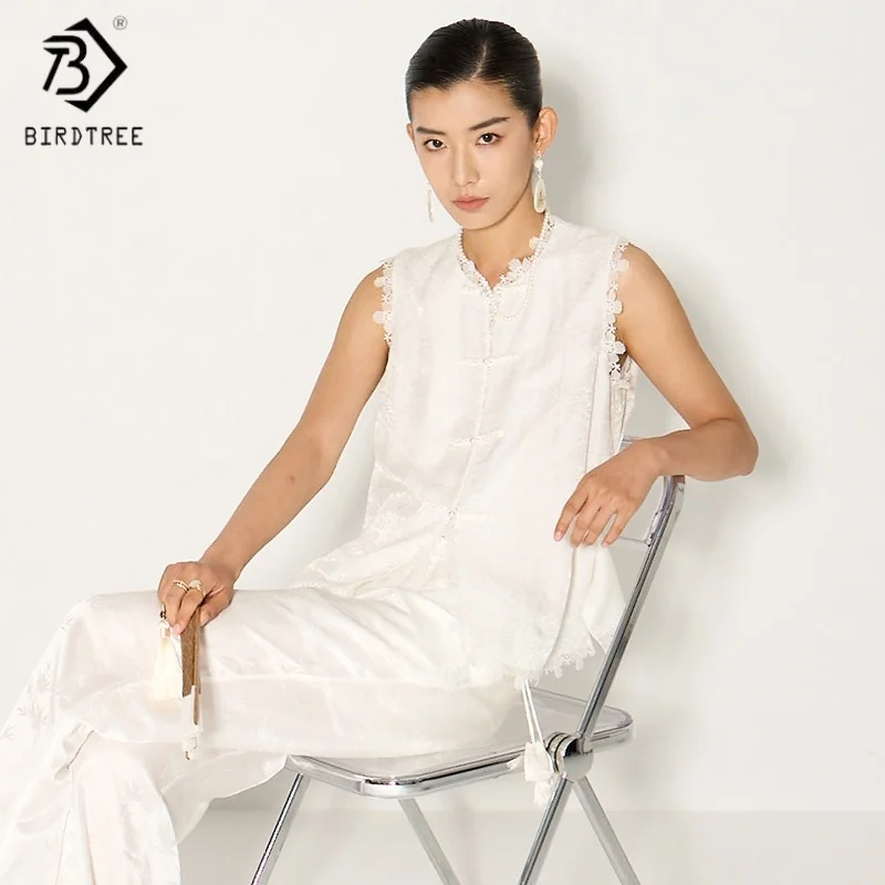 Birdtree,16MM 35%  Silk Embroidery Waistcoats,Women's Jacquard Satin Tank Tops,Chinese-style Vest,2025 New T5D915JF