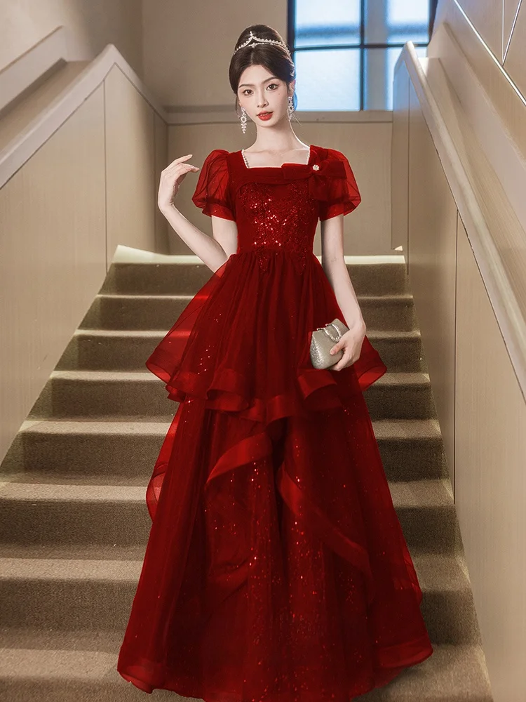 Red Wedding Dress Elegant Princess Style Long Evening Gown for Engagement And Marriage Sequin Embellished Bubble Sleeve