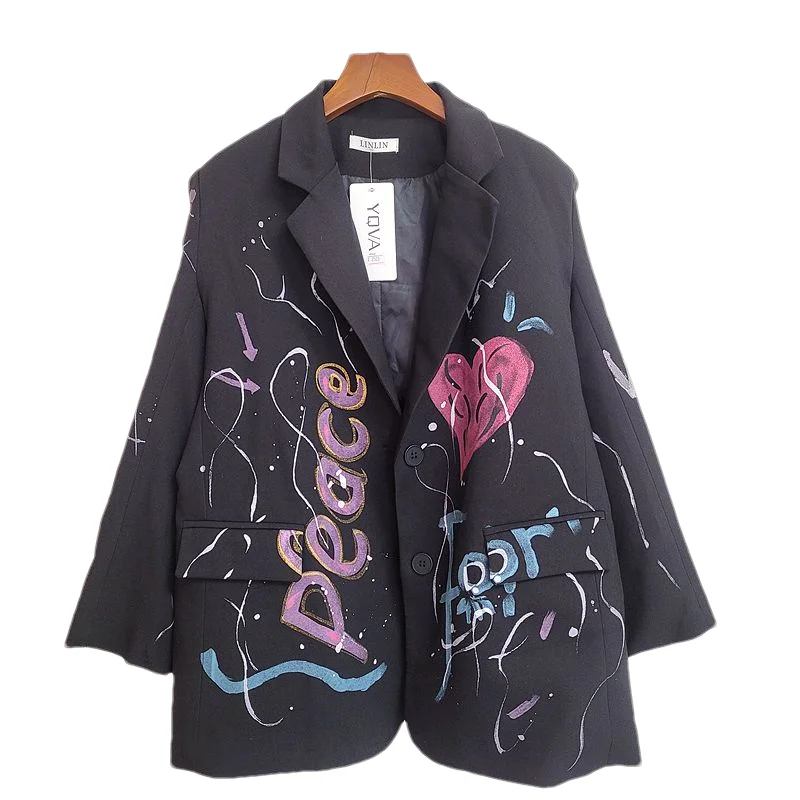 Letter Graffiti Printing Black Suit Jacket Women Spring Casual Single-breasted Notched Collar Long Sleeve Female Blazers Coat