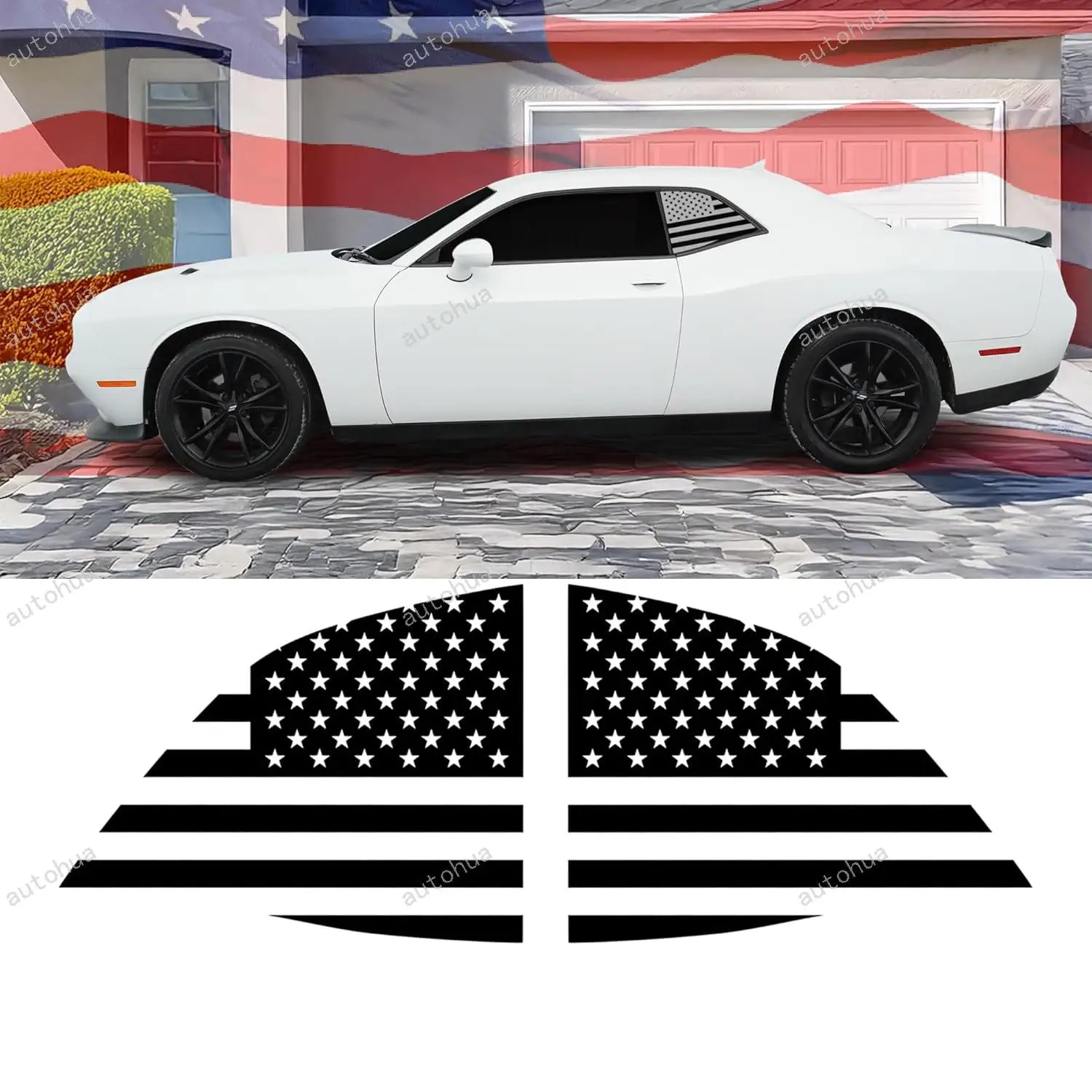 

Quarter Window Distressed American Flag Vinyl Decal Compatible with and Fits Dodge Challenger 2008-2023, Matte Black