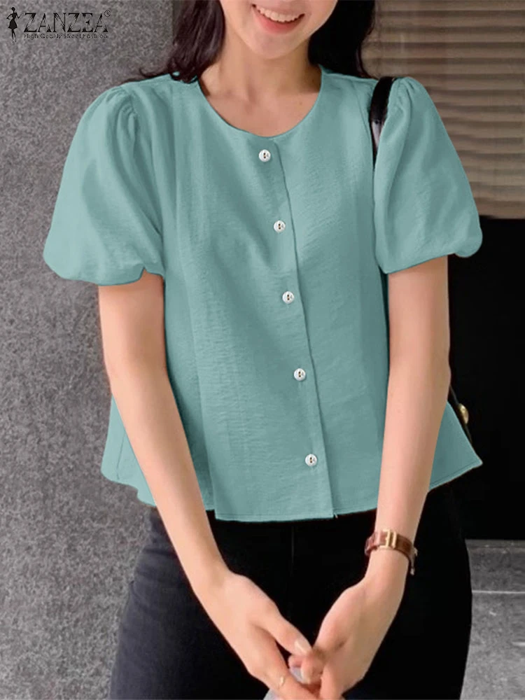 

2025 ZANZEA Women Fashion Shirts Elegant OL Blouse Short Puff Sleeve Casual Solid Color Tunic Top Loose Office Lady Blusas Femme