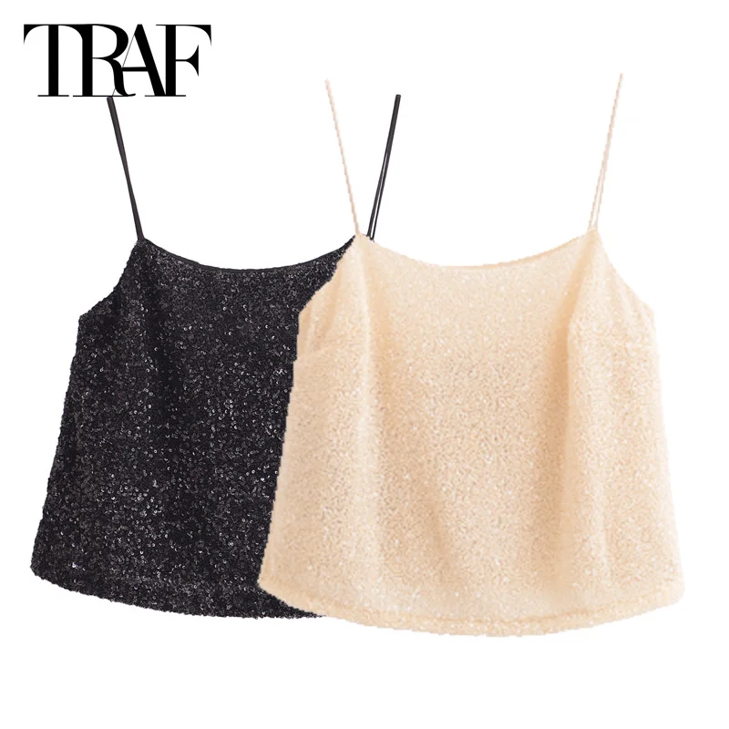 TRAF Women Top Slip Crop Top Women Tanks & Camis Off Shoulder Sexy Vest Sleeveless Backless Tank Tops Light Yellow Black Vests