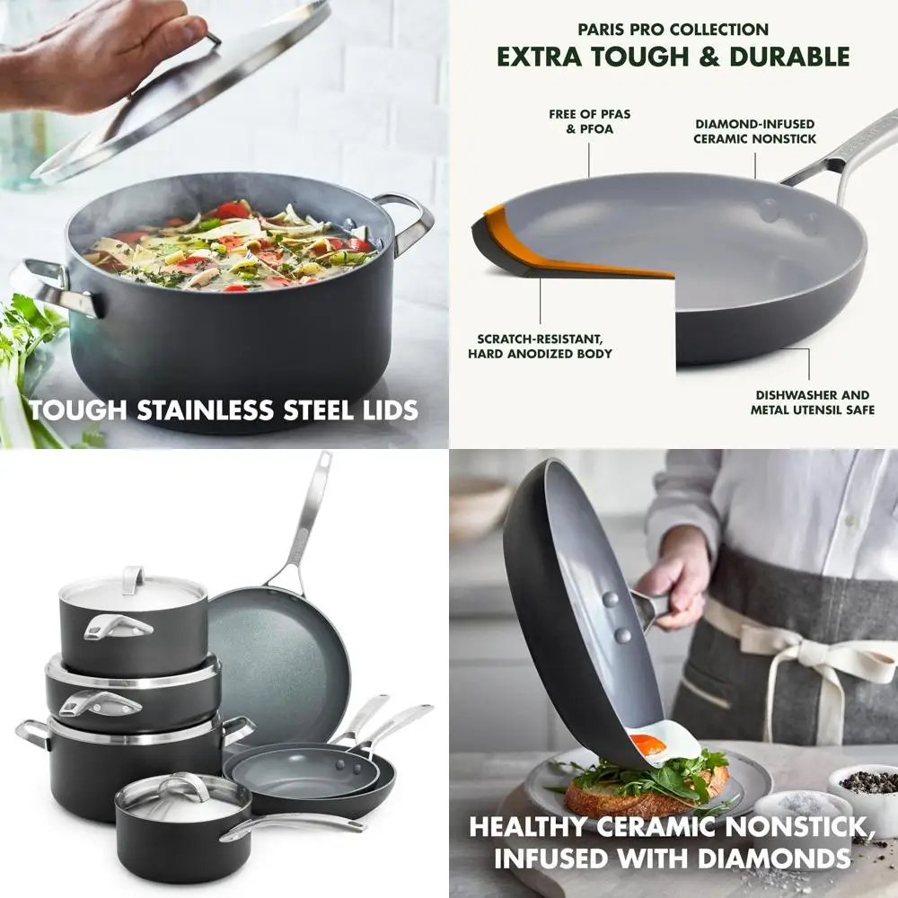

Коллекция GreenPan Paris Pro: набор посуды из твердой анодированной керамики с антипригарным покрытием из 11 предметов с крышками из нержавеющей стали, без PFAS