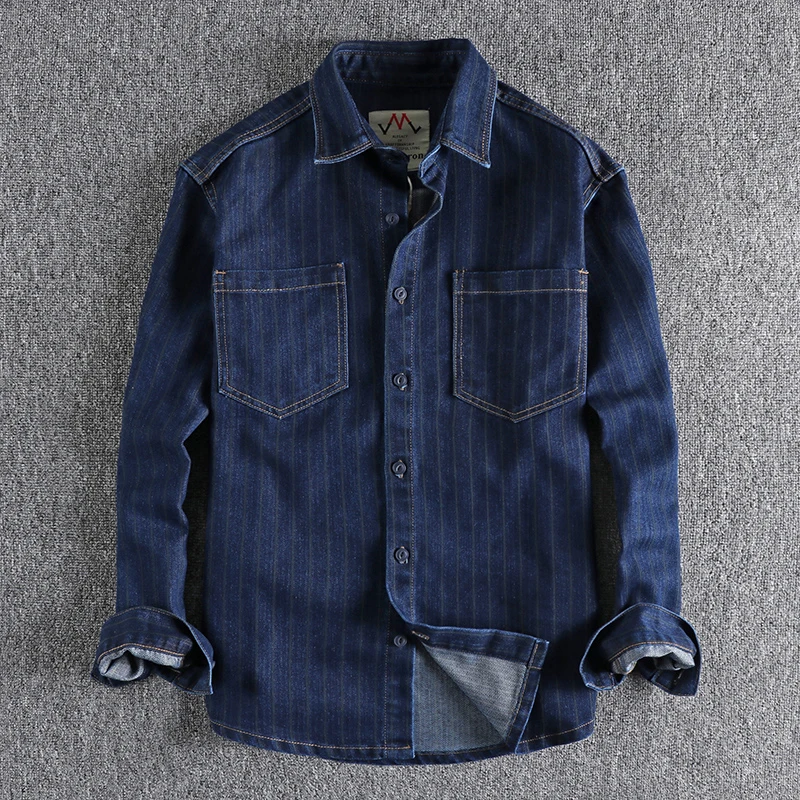 2023 Spring New American Retro Denim Cargo Striped Shirt Men\'s Fashion Pure Cotton Washed Casual Loose Yonth Blouses Thin Jacket