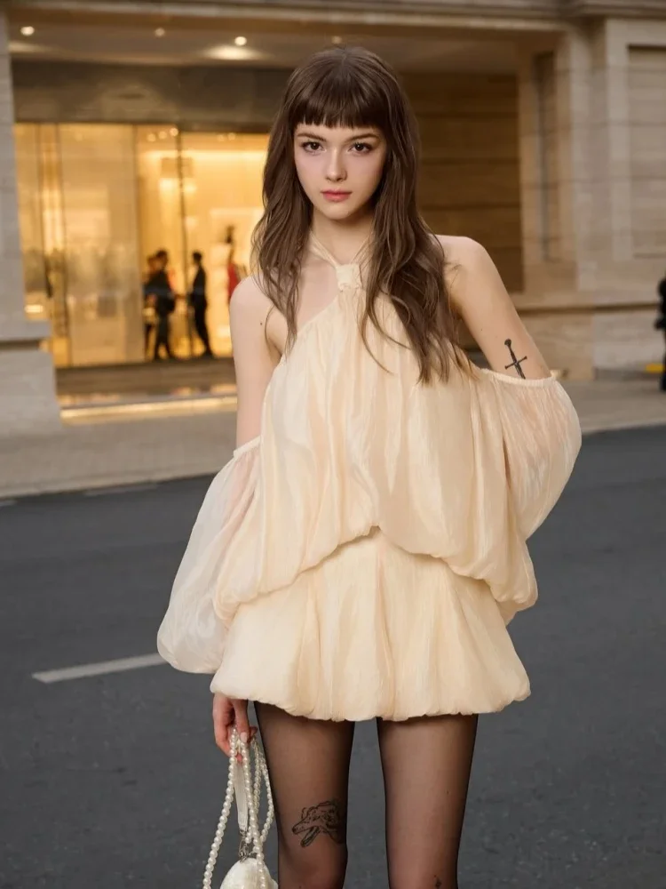 

Sexy Halter Off Shoulder Lace Up Mini Dress Women Backless Long Puff Sleeve Strapless Slim Runway Elegant Evening Party Dresses