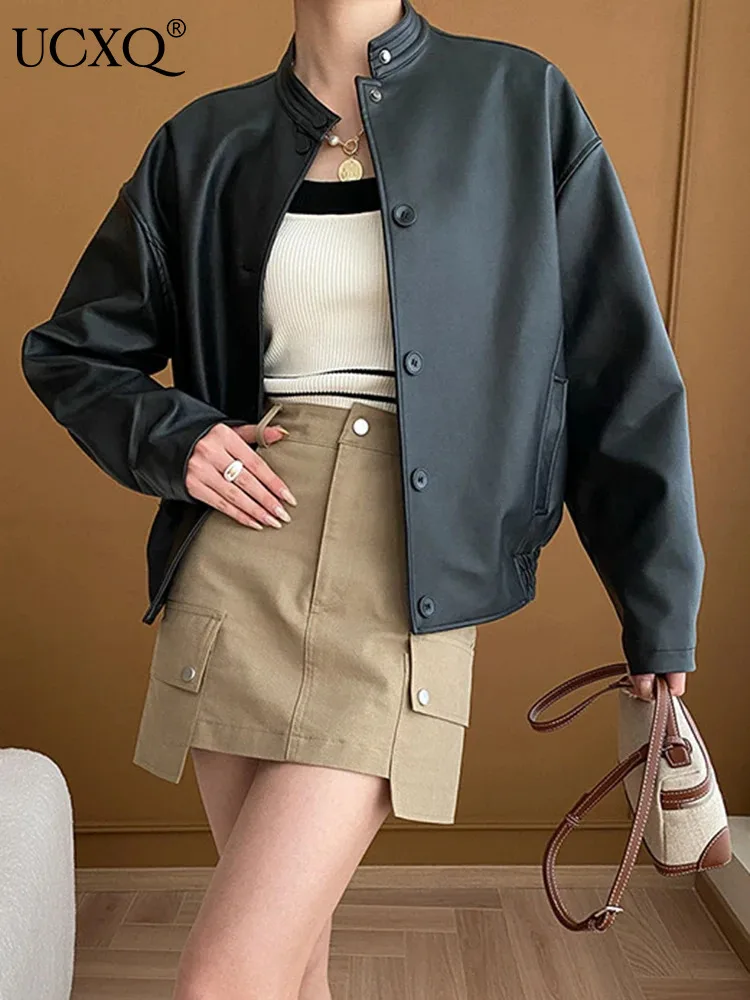 

UCXQ Fashion PU Jacket Vintage Stand Up Collar Single Breasted Loose All Match Short Leather Coat Women 2024 Spring Autumn A9928