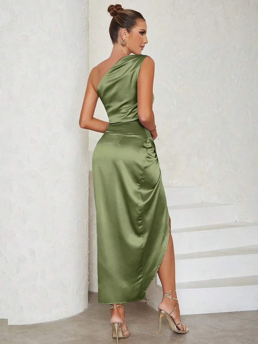 Vintage Elegant Sexy One Shoulder Wrapped High Slit Evening Gown Dress فساتين للمناسبات الرسمية