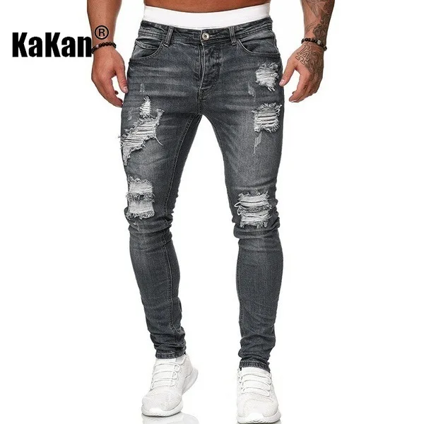 Kakan - New Men's Small Leg Pants with Perforated Jeans, Y2k Clothes Slimming Long Jeans Jeans Man Brand