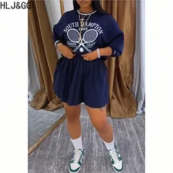 HLJ&GG Dark Blue Fashion Pattern Printing Pleated Mini Skirts Two Piece Sets Women O Neck Long Sleeve Pullover And Skirt Outfits