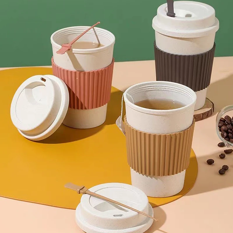 Taza de viaje portátil con tapa, taza de café de paja de trigo reutilizable, anticaída con funda antideslizante, tazas para deportes, hogar, cocina, Bar