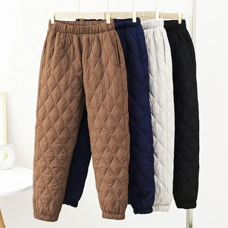 Women New Winter Down Cotton Trousers Wear Diamond-shaped High Waist Light Warm Casual and Loose Plus Size Harem Pants