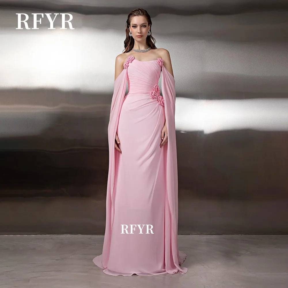 

RFYR Off Shoulder Prom Dress with Cape Sleeve Chiffon Princess Dress 3D Flowers Formal Party Dress for Arabic Women Customized