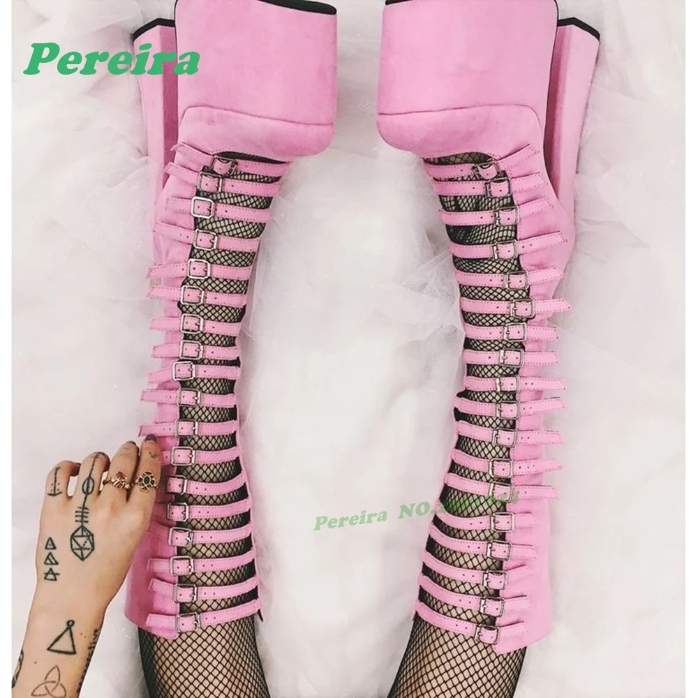 

Pink Multi-Buckled Suede Sandals Cut Out Platform Sandal Boots Lolita Chunky Heels Y2K Casual Shoes Spicy Girls Luxury Solid
