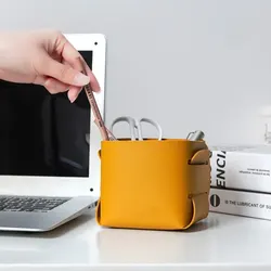 1pc Yellow Nordic Leather PU Storage Bag Desktop Makeup Brush Storage Pen Holder Creative Folding Portable Leather Storage Box