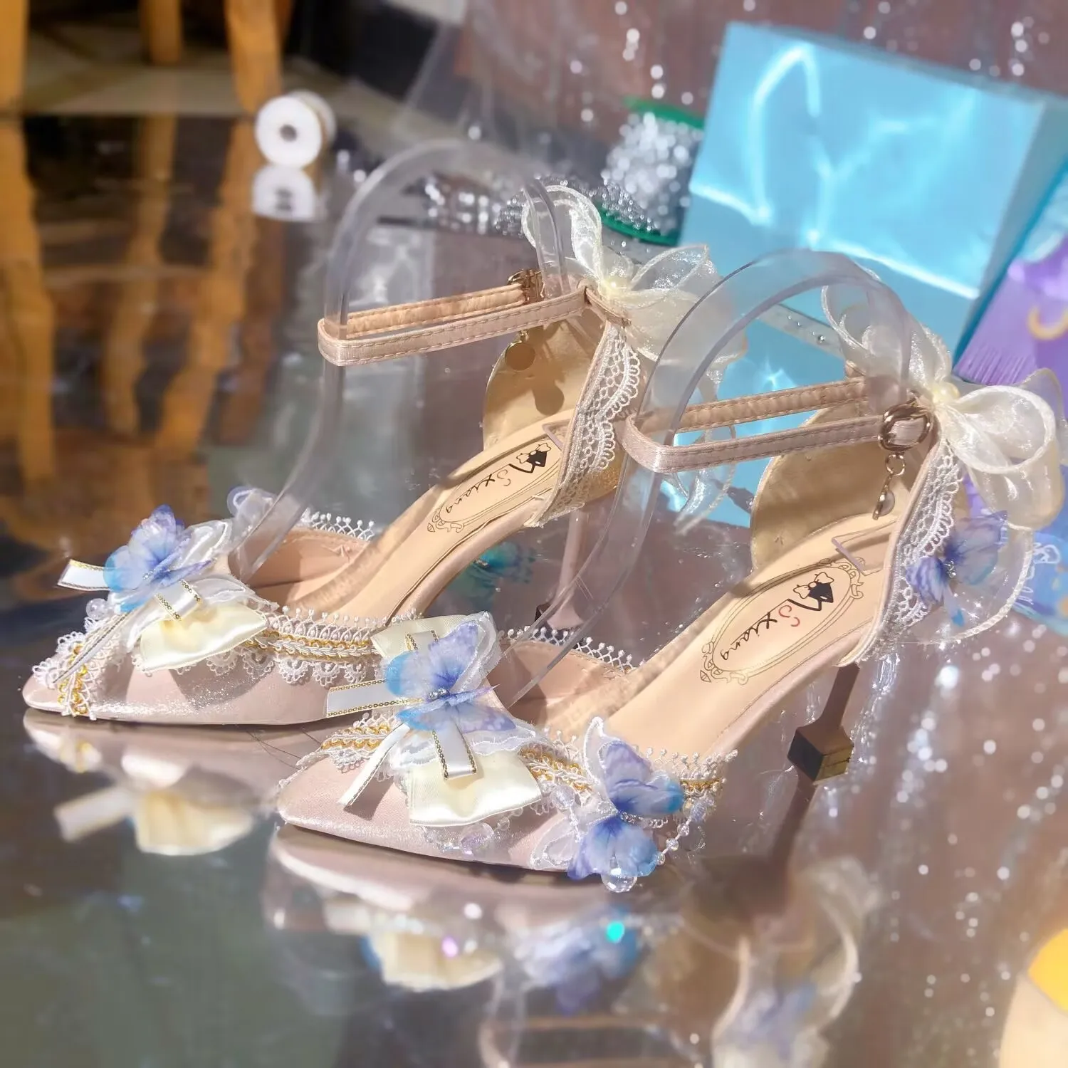 أنيقة الكعوب أحذية الزفاف العروس عالية الكعب لوليتا الوردي الأزرق أحذية عالية الكعب للمرأة Y2K مضخات الحفلات امرأة ماري جين الأحذية