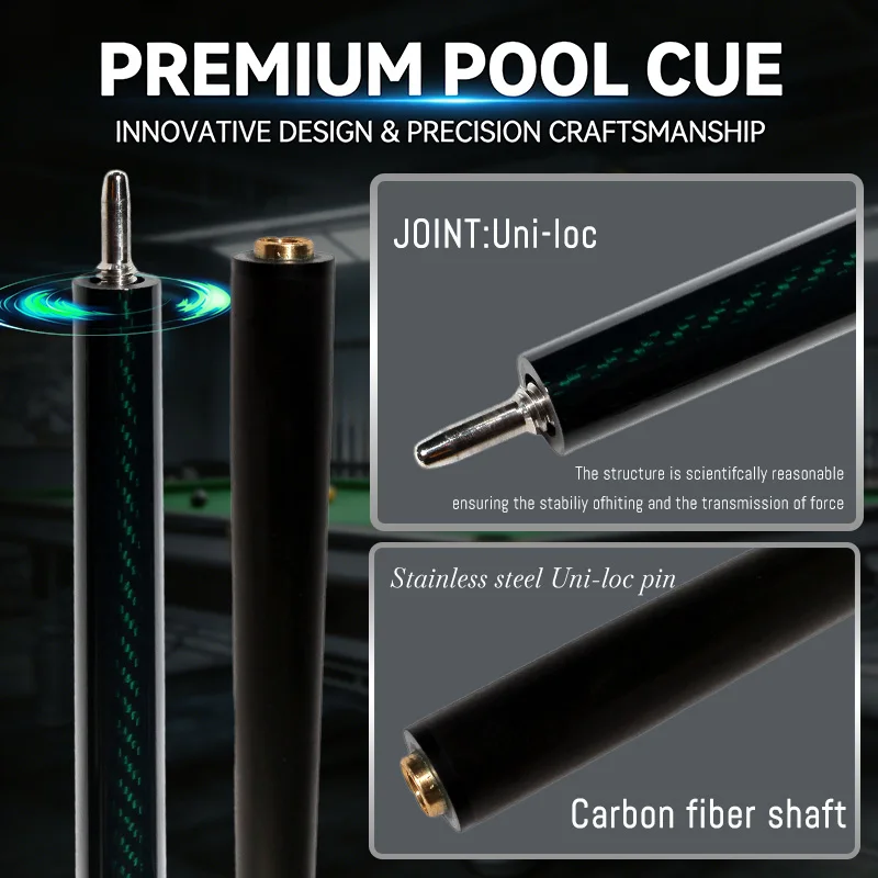 

Customized Billiard Professional Play Cue 12.4mm PigSkin Tip,Carbon Fiber Black Technology Low Deflection Billiard Cues Stick