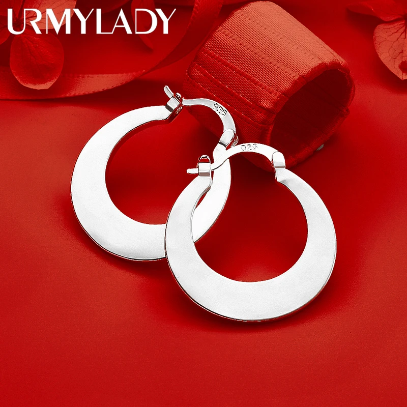

URMYLADY Fine 925 Sterling Silver 25mm Smooth Flat Earrings for Women Wedding Engagement Party Fashion Charm Jewelry