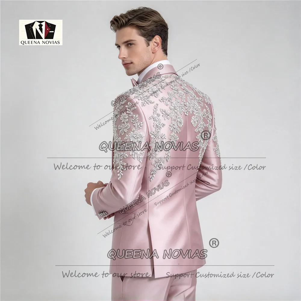 Exclusive Groom Wedding Tuxedo Sparkly Beaded Stones Satin Prom Blazer Pants 2 Piece Sets Costume Homme Luxe Haute Qualité 2027