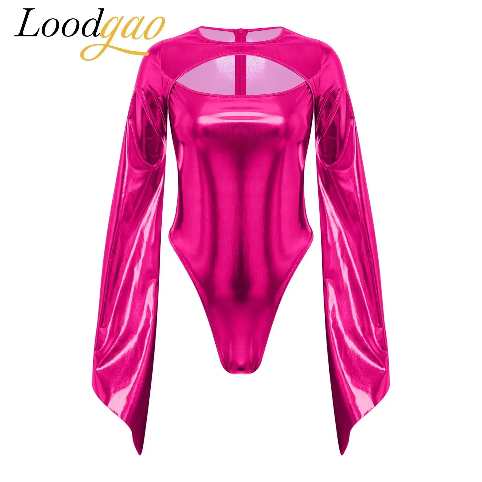 

Womens Shiny Bodysuit Metallic Flared Sleeves Leotard Rave Disco Singer Costume for Halloween Party Carnival Party Clubwear
