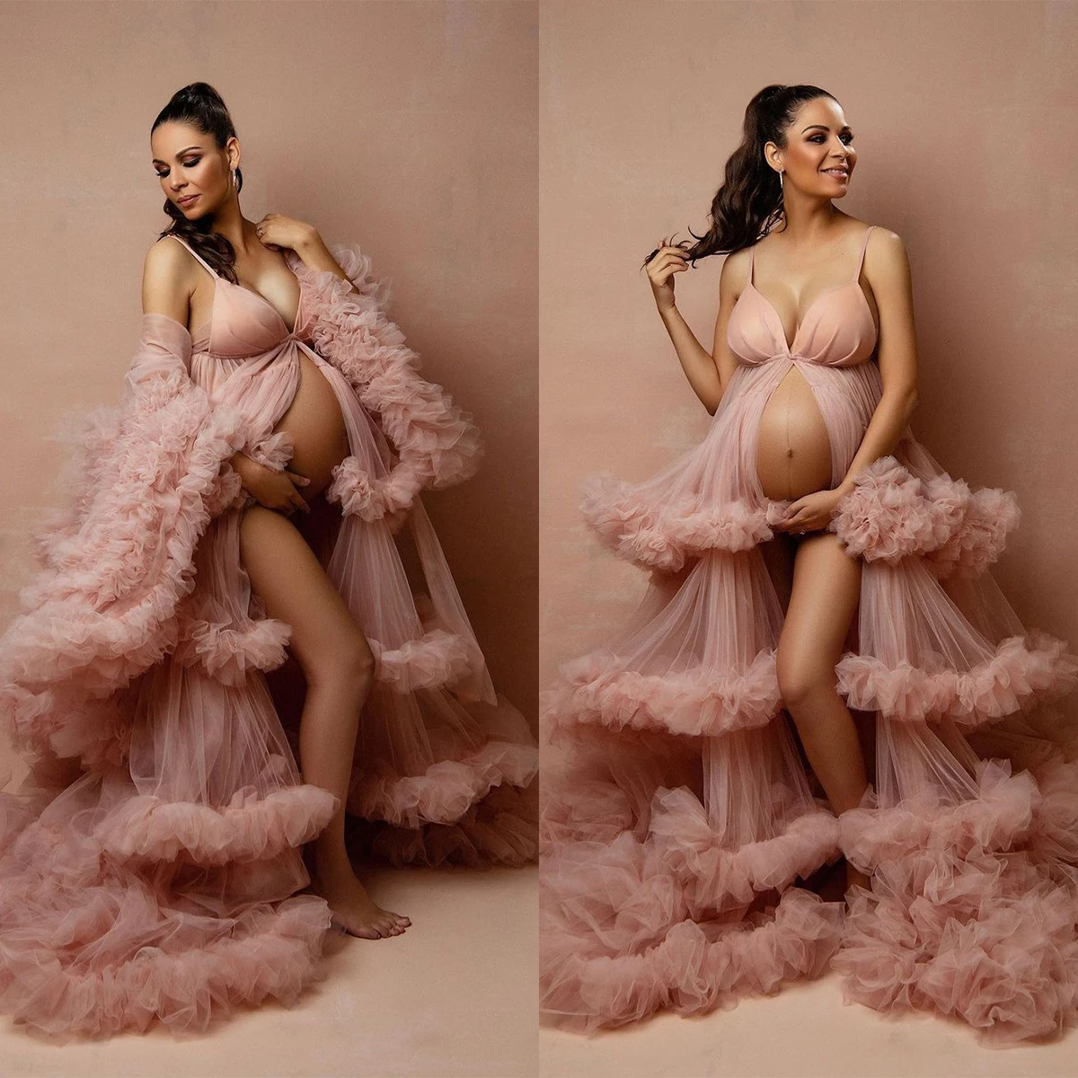 Vestidos de baile fofos exclusivos para sessão de fotos ou chá de bebê, alças espaguete sexy, robe de maternidade personalizado, vestidos para sessão de fotos