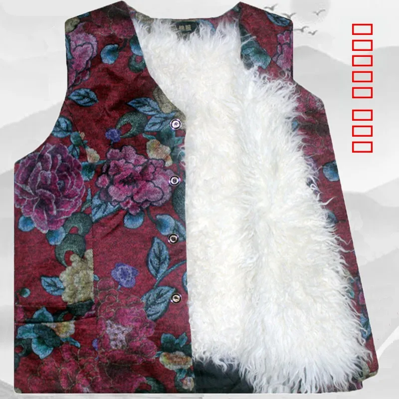 

Женский зимний утепленный шерстяной жилет с мехом и кожаными вставками, теплый, для мам, с V-образным вырезом, на пуговицах, с цветочным узором