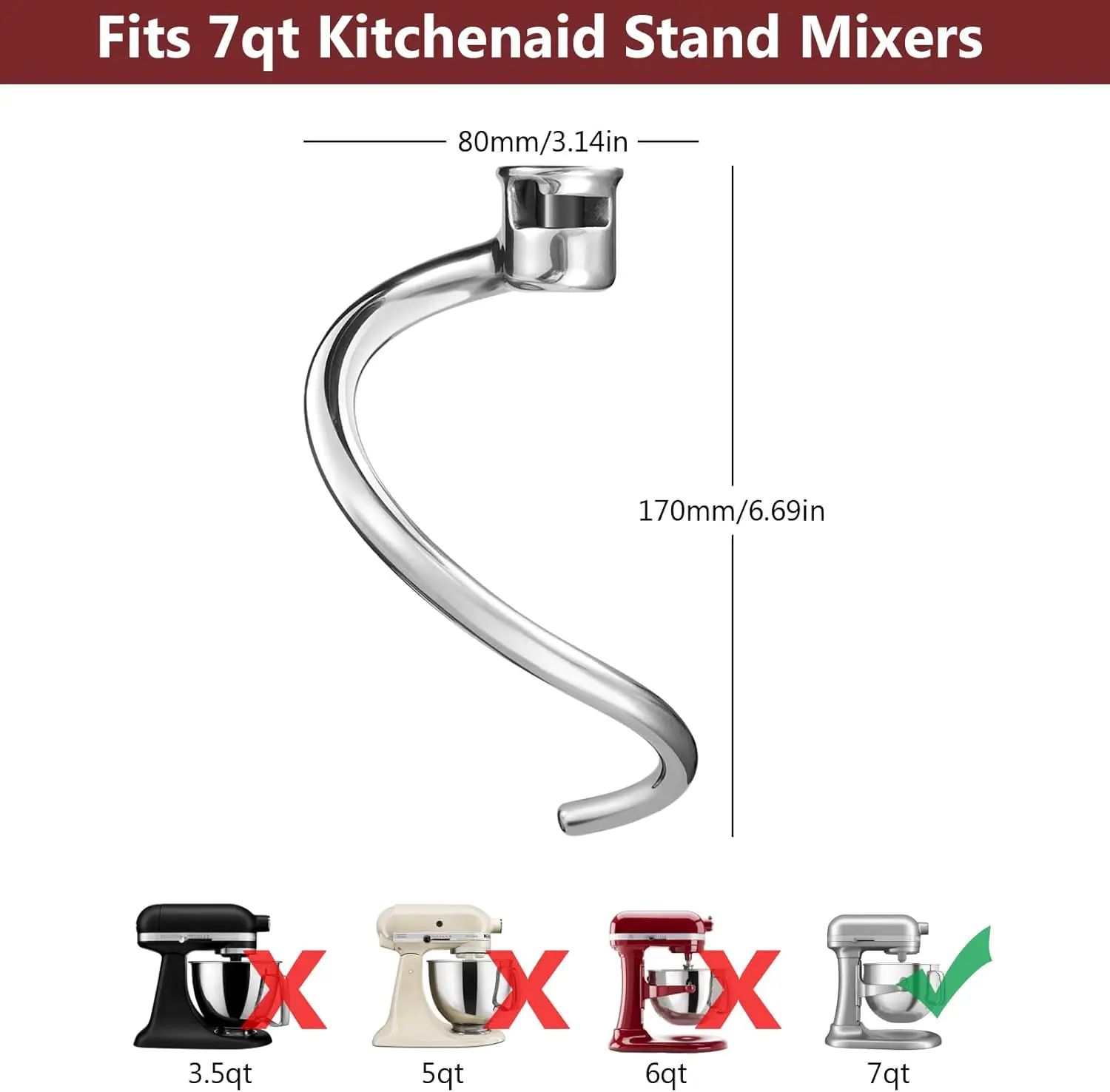 Dough Hook Replacement for KitchenAid 7QT Bowl-Lift Stand Mixers Spiral and Stainless Steel Dough Hook