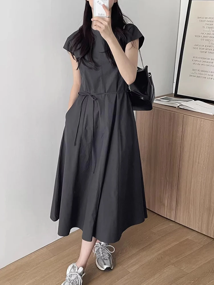 Elegant Dress For Women Flying Sleeve Gathered Waist Lace Up Solid O Neck Female Fashion Dresses 2024 Summer New