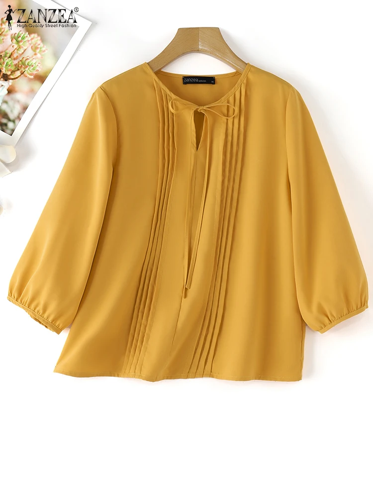 ZANZEA Casual Loose Pleating Basic Tunics Women Solid Color Blouse Fashion 3/4 Puff Sleeve Shirts 2024 Autumn Lace-up Neck Tops