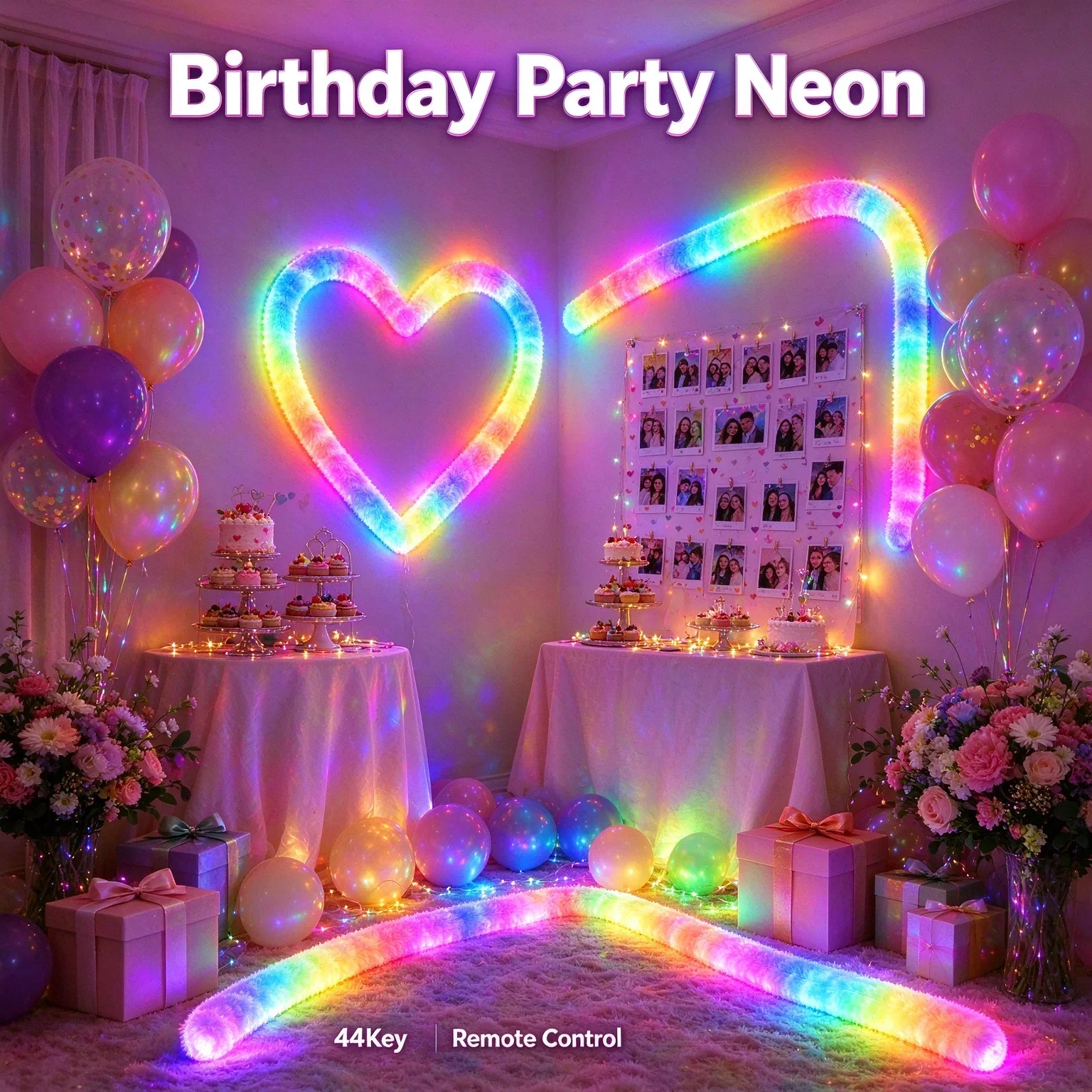 RGB Neon Strip Lights, 360° Round Dragon Scale Woven Flexible LED Tube 44 Key Remote Running Chasing for Home Party Room Decor