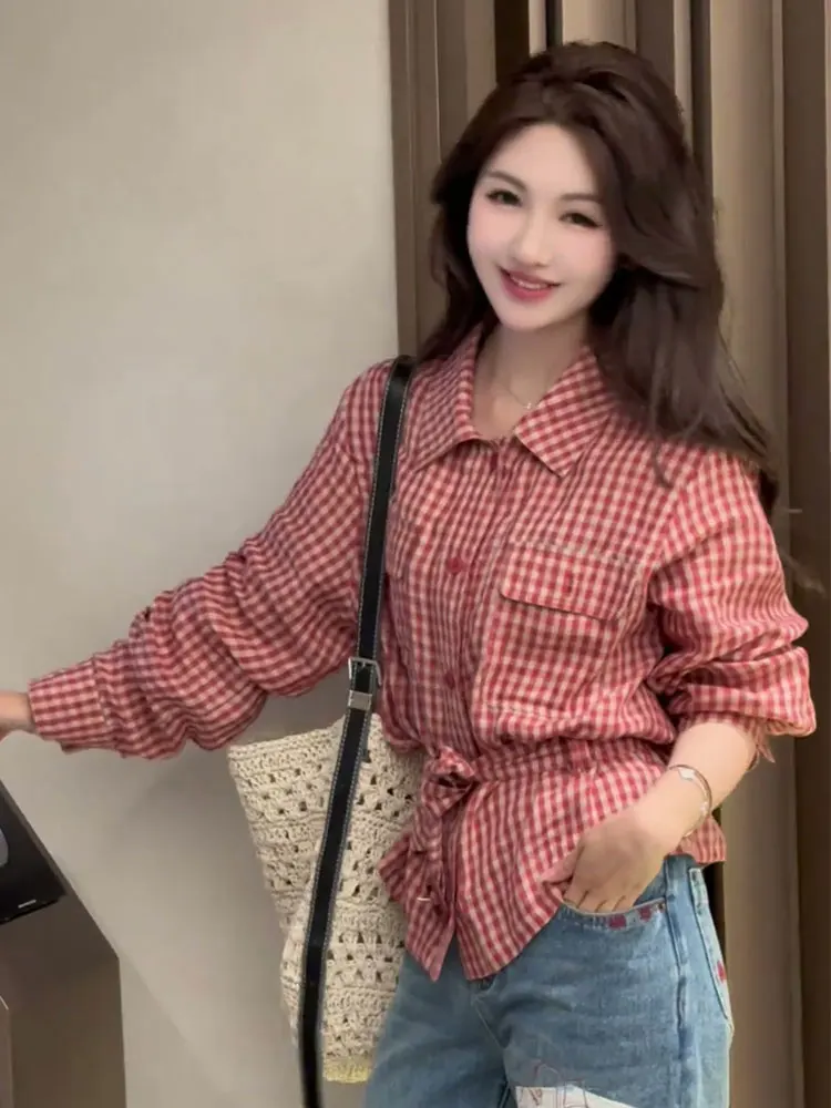 Red Plaid Women's Shirt Vintage Waist-Cinching Spring Unique Beautiful Top Korean Style Loose Fit Button Detail Shirt