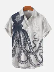 Camisas masculinas de verão com estampa de polvo, camisas havaianas de manga curta para praia, camisas com padrão de desenho animado de animais do oceano, camisa casual masculina