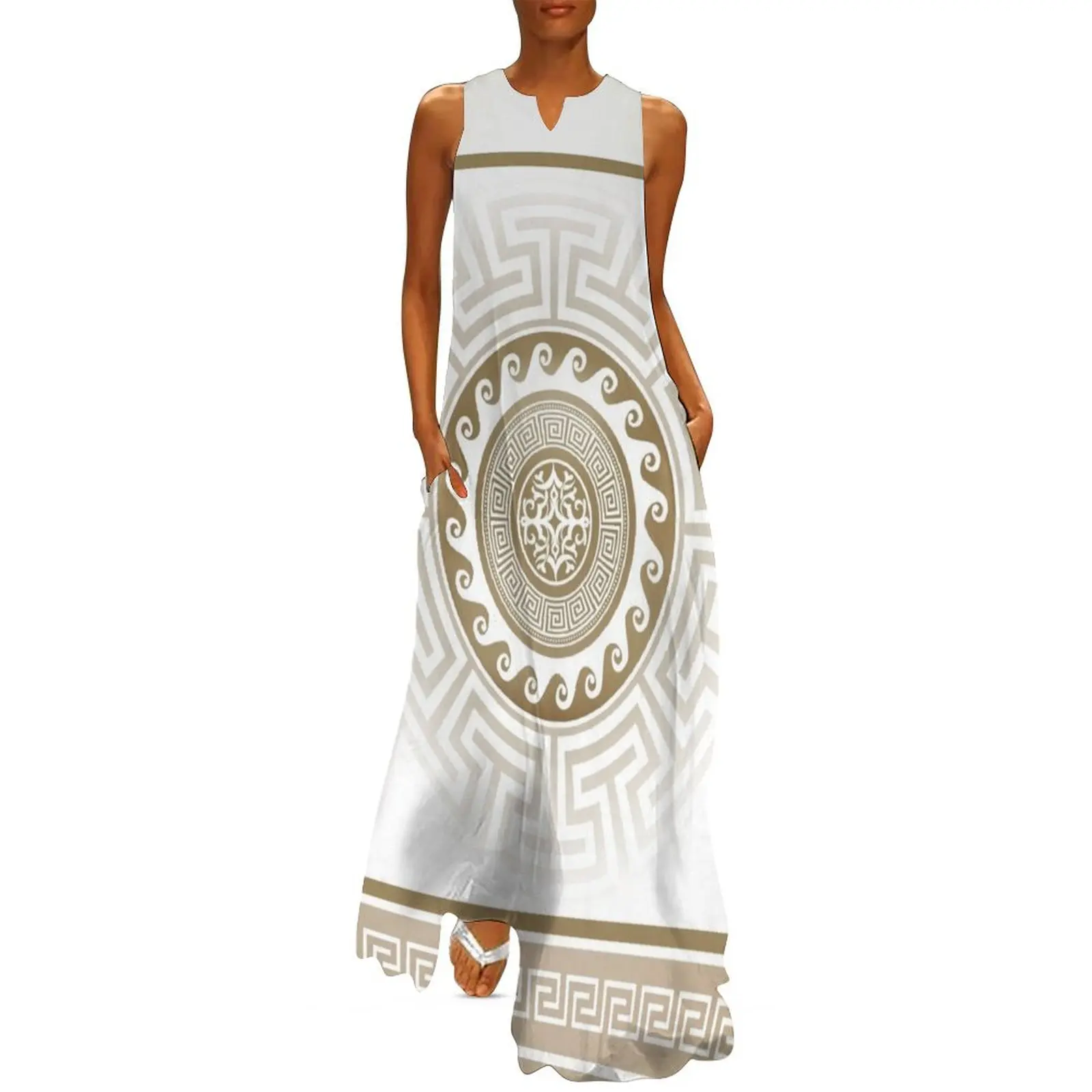 

Greek Key Meander Bronze White Long Dress women evening dress Female dress