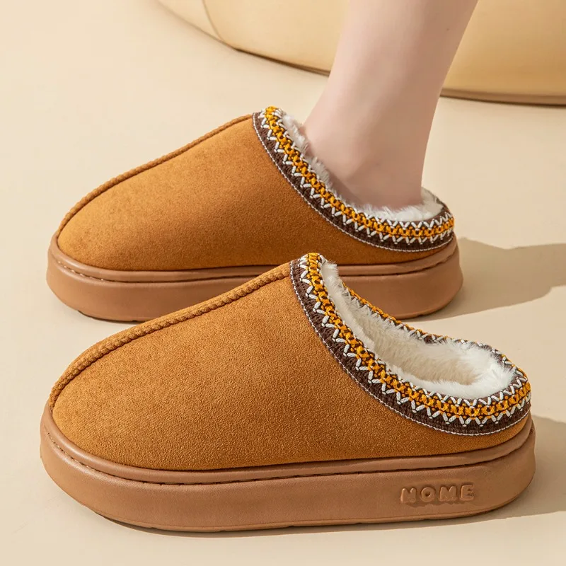 Warm Cotton Slippers Solid Color Imitation Deerskin Velvet Splicing Home Slippers Non-slip Lightweight Women's Slippers