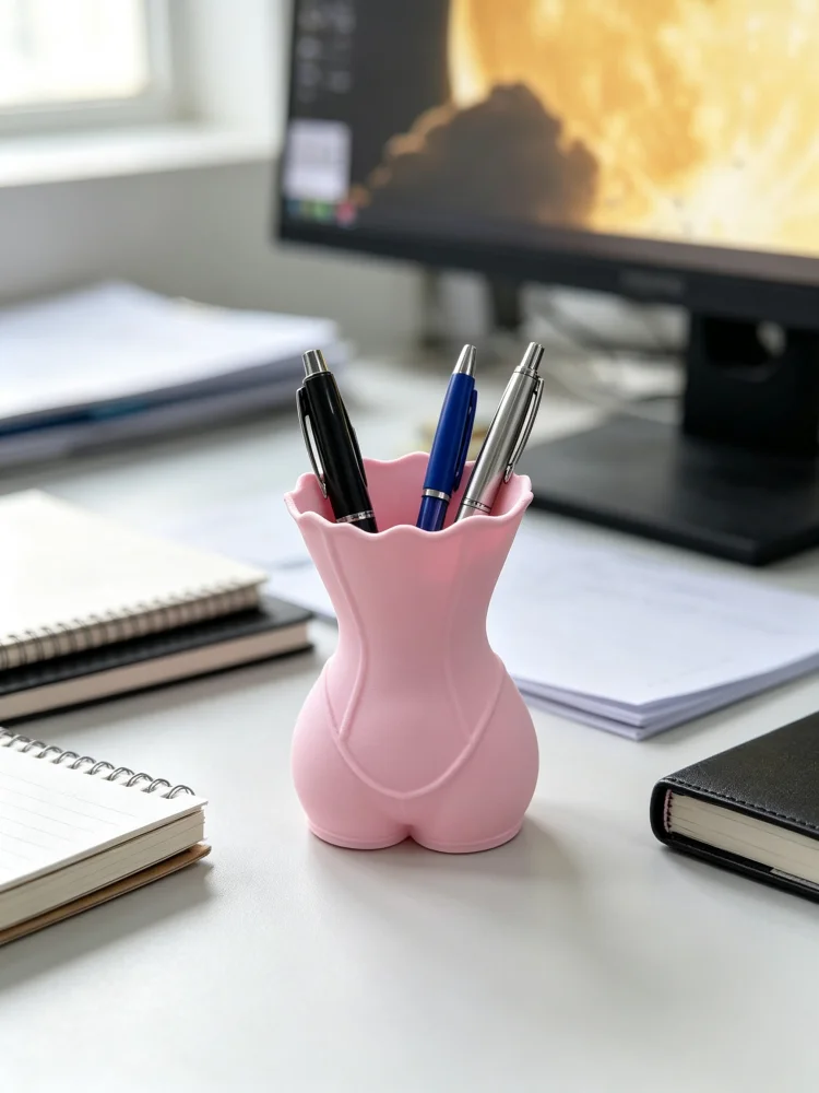 Pink Corset-Style Stationery Holder with 3D Printed Female Torso Design, Creative Desktop Storage Container with Pleated Edges, Wavy Edges, Wide Pleated Edges, Cup-Shaped Opening, Vintage Corset Details, Matte Pink Pla Material with a Matte Texture, Sweet and Cool Girl Aesthetic, Soft and Trendy College Style, Soft Girl Style Stationery Storage Container, Makeup Brush Storage Box, Desktop Accessories, Office Dormitory Study Room Vanity Storage, Student Desk Supplies, Compact and Easy to Access