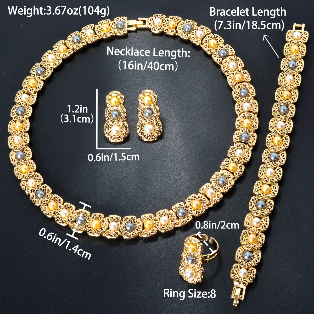 Sunny Jewelry Sets Three-colour Beads Fashion Bridal Wedding Sets Gold Plated Earrings Necklace Bracelet Ring For Women Gifts