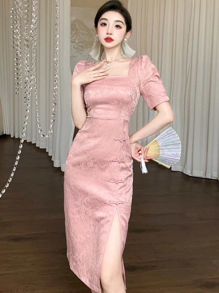 pink oriental jacquard bodycon dress 2026 Satin Luxury Long Women Elegant Chic Evening Dress Summer Korean Fashion Casual Party Vestidos Accessory:With Waist Chain the Cara satin jacquard 9-9-26-final-sale Sexy Black Little Dress