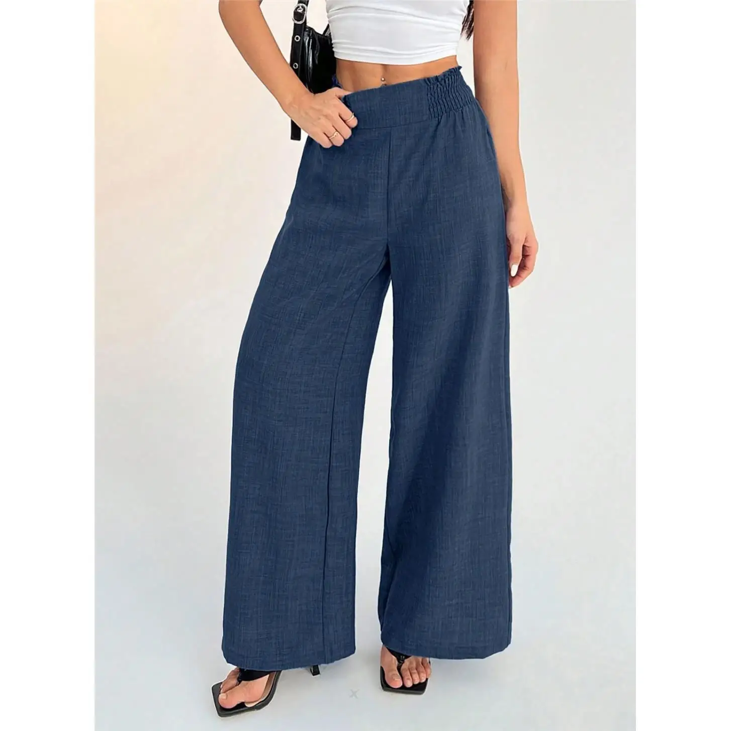 Cross-Border Pure Color Elastic Wide Leg Pants Women's Elegant Style Casual Pants Low Waist PVC Material No Brand Registered
