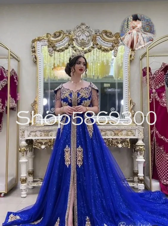 Royal Blue Blouse oranaise algérien Melhfa Prom Occasion Dresses Cap Sleeve Gold Applique Tassel Evening Gown Outfit